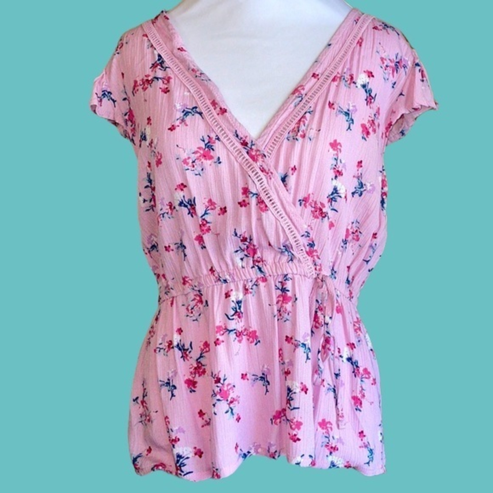 NWT Moral Fiber‎ Pink Floral Wrap Blouse Vneck Large